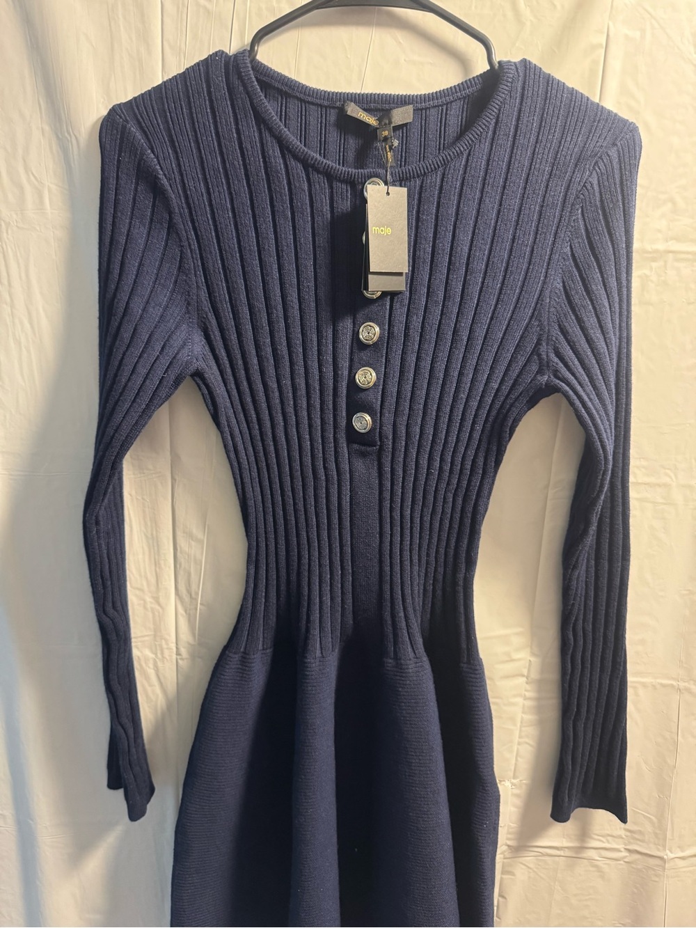 Maje Navy Ribbed Button-Front Knit Dress